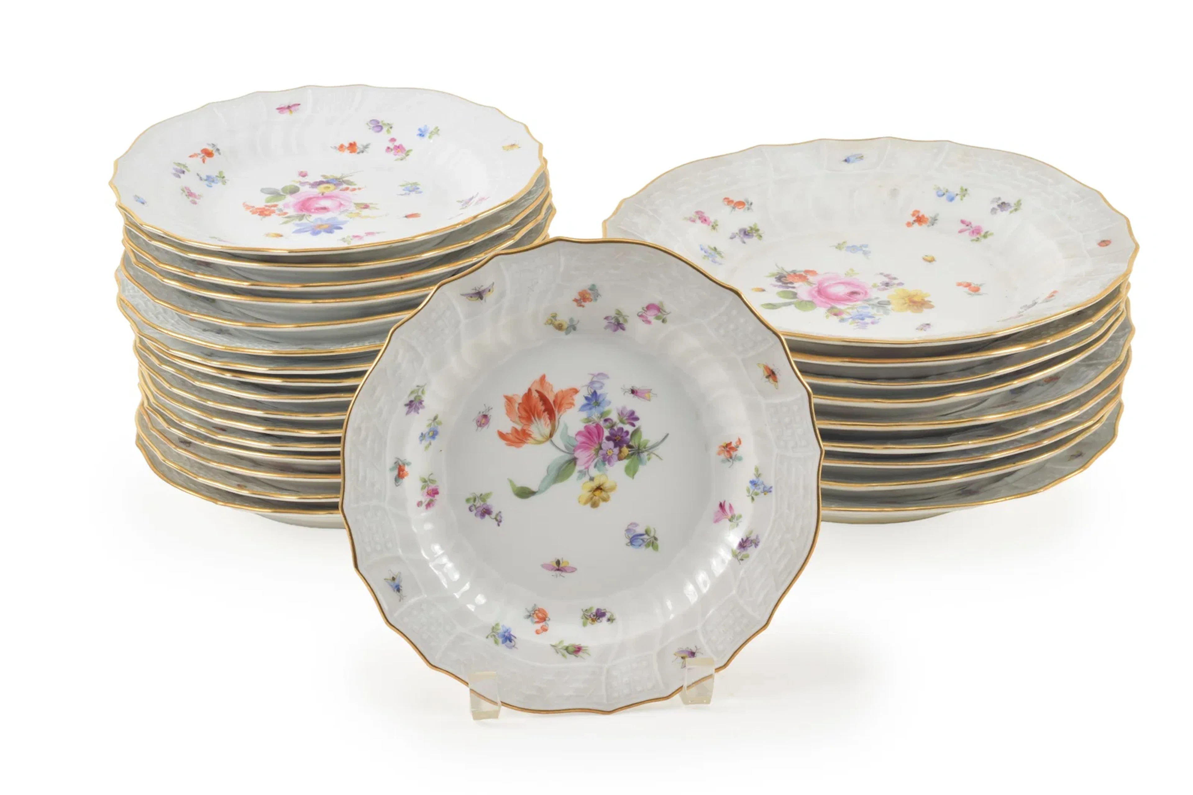 Meissen floral decorated dishes with blue underglaze mark. To include