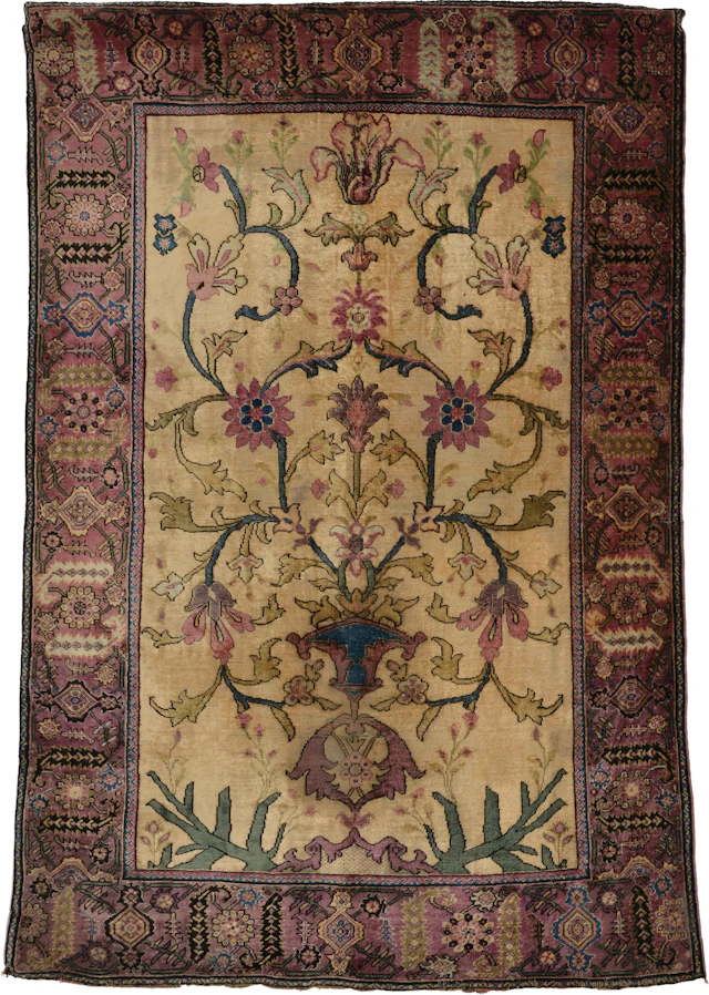 Antique silk Kashan small carpet. Floral decorated center. Geometric