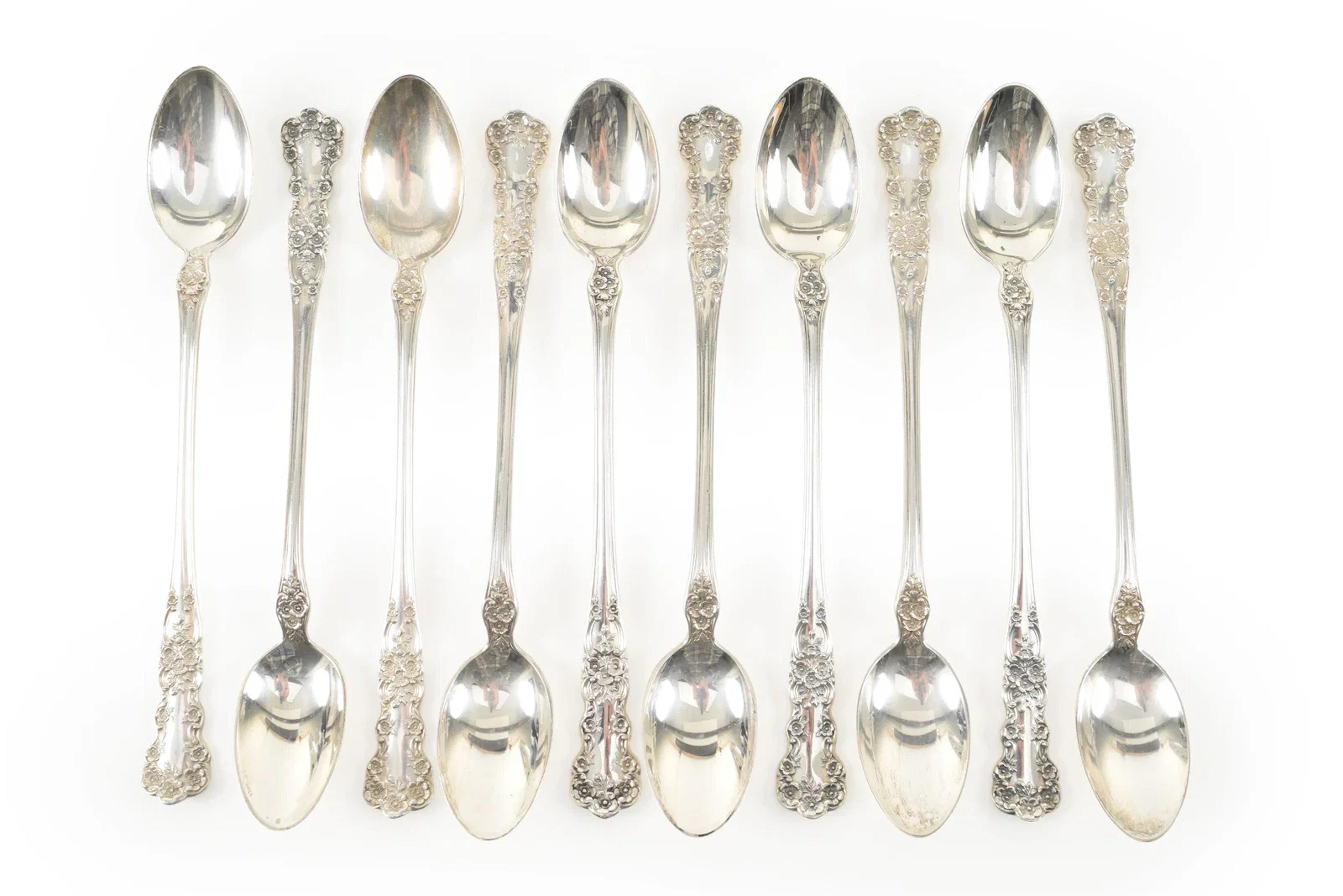 Set of 10 Gorham Sterling silver iced beverage spoons. Length 7 in, 10.38 ozt