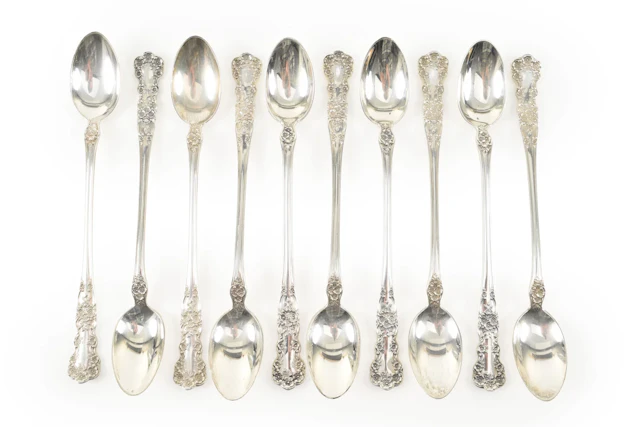 Set of 10 Gorham Sterling silver iced beverage spoons. Length 7 in, 10.38 ozt