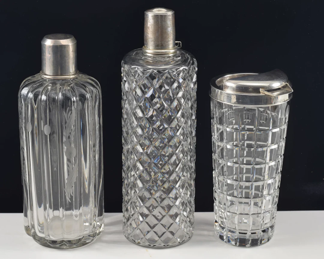 3 Fine Sterling silver top crystal cocktail servers including 2 decanters