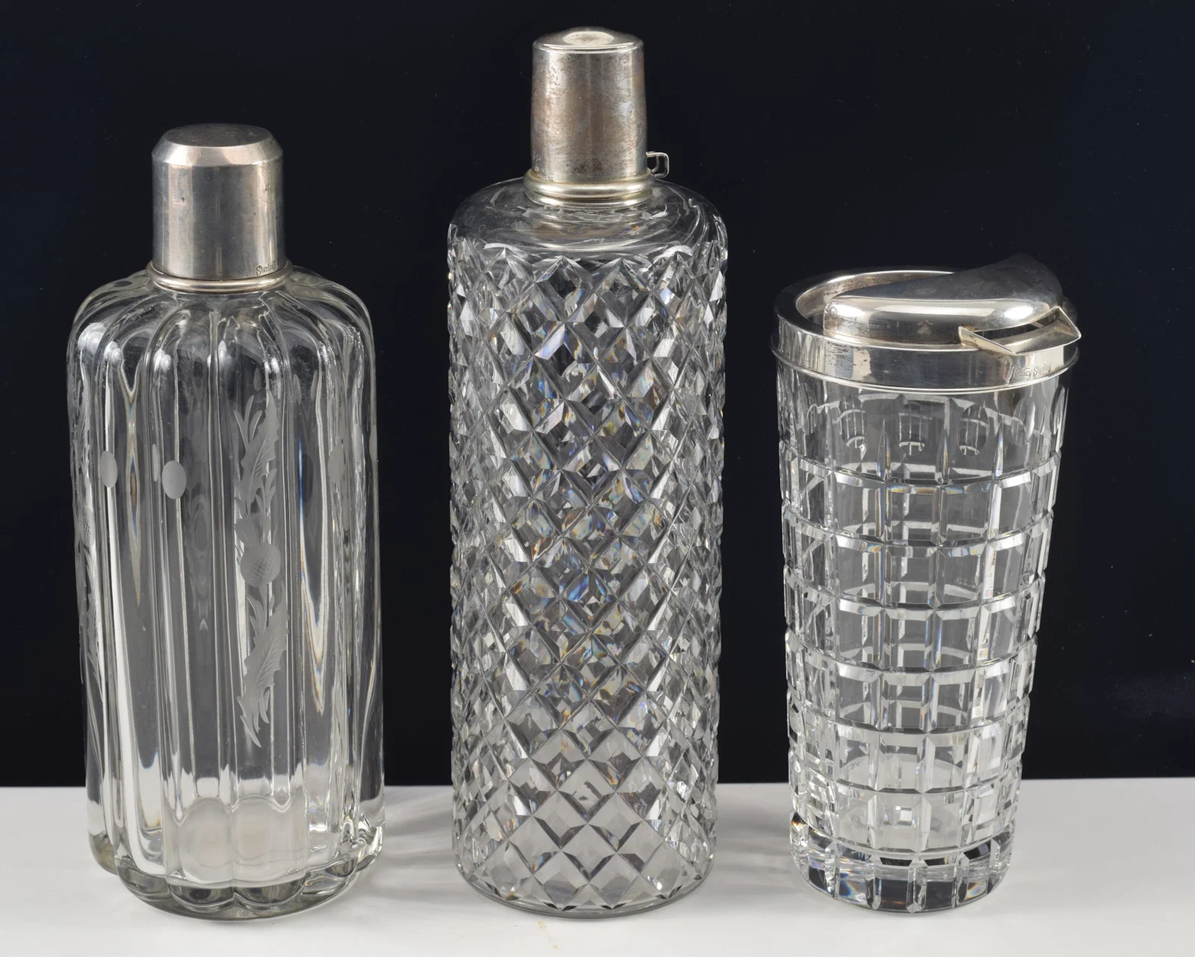 3 Fine Sterling silver top crystal cocktail servers including 2 decanters