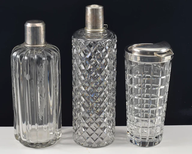 3 Fine Sterling silver top crystal cocktail servers including 2 decanters