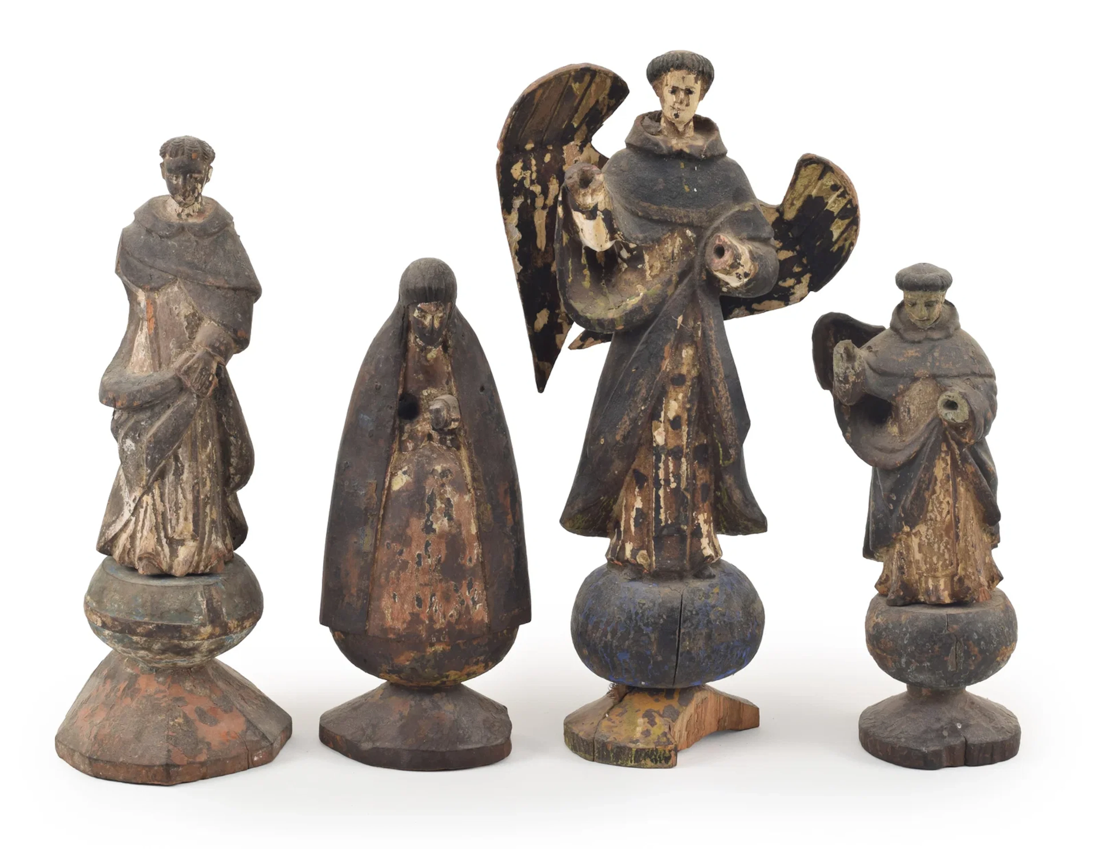 Collection of 4 Santos colonial carved wood and polychrome figures