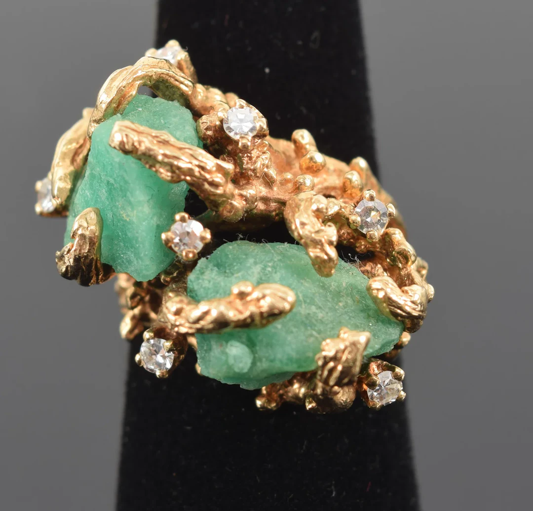 14K gold beryl and diamond ring. Naturalistic brutalist style setting