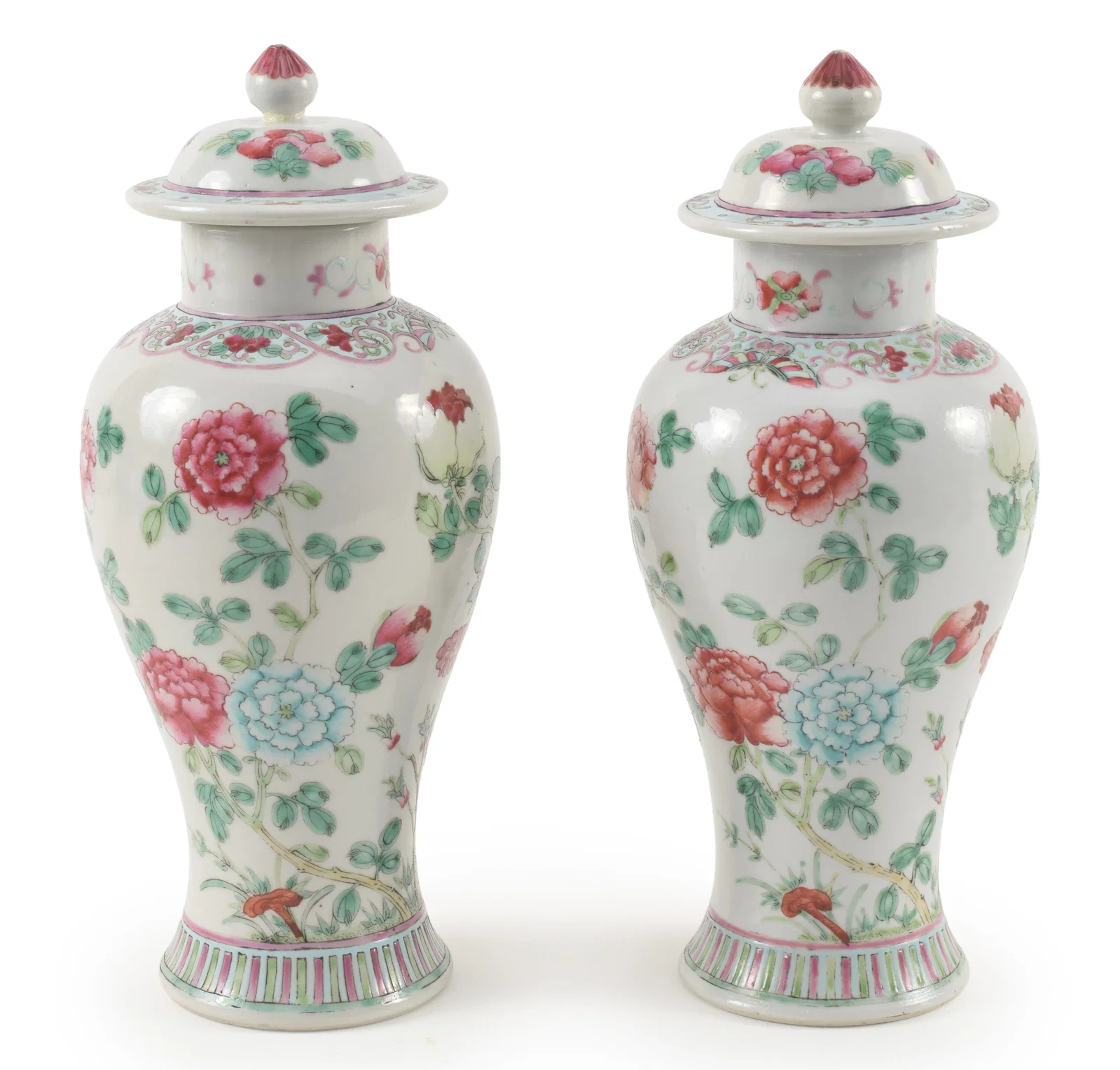Pair of 18th/19th century Chinese export covered vases. Famille rose