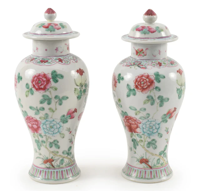 Pair of 18th/19th century Chinese export covered vases. Famille rose