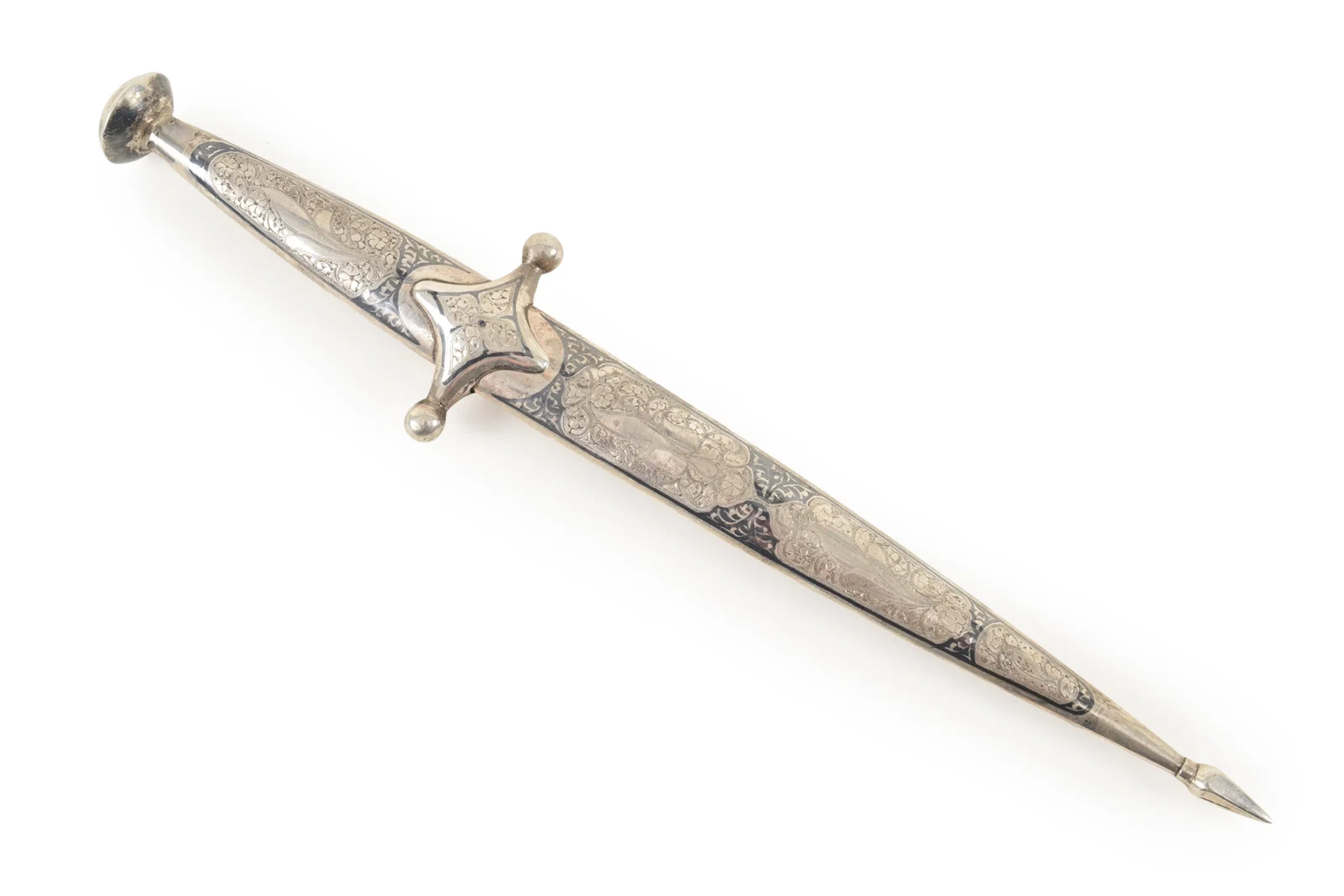 Caucasian Dagestan Silver and Niello Dagger, Early 20th Century. Entire