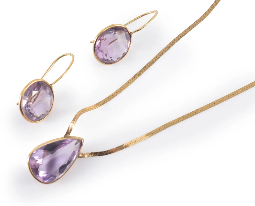 14K gold amethyst necklace and earrings. Pear shaped amethyst pendant