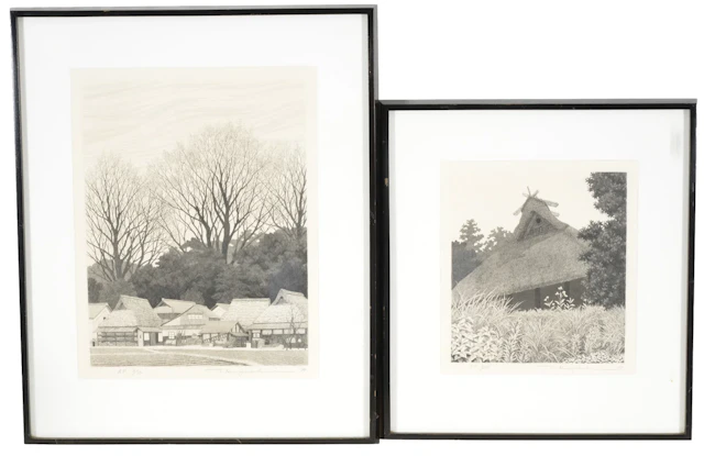 Tanaka Ryohei, Japan, 1933-2019. 2 Etchings, one of traditional thatched