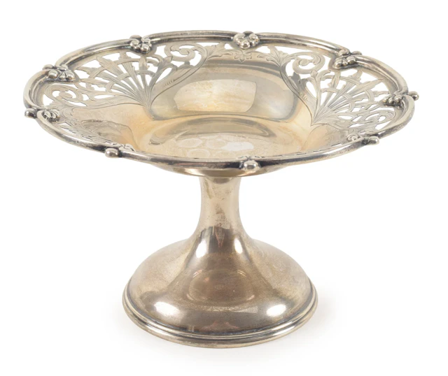 Sterling Silver footed tazza with open work edge. Diameter 6.75 in, 8.97 ozt.