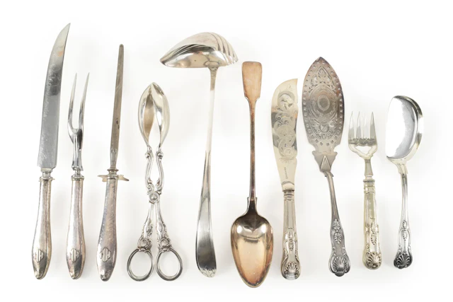 10 Silver serving items, mostly plated some hollow handled sterling