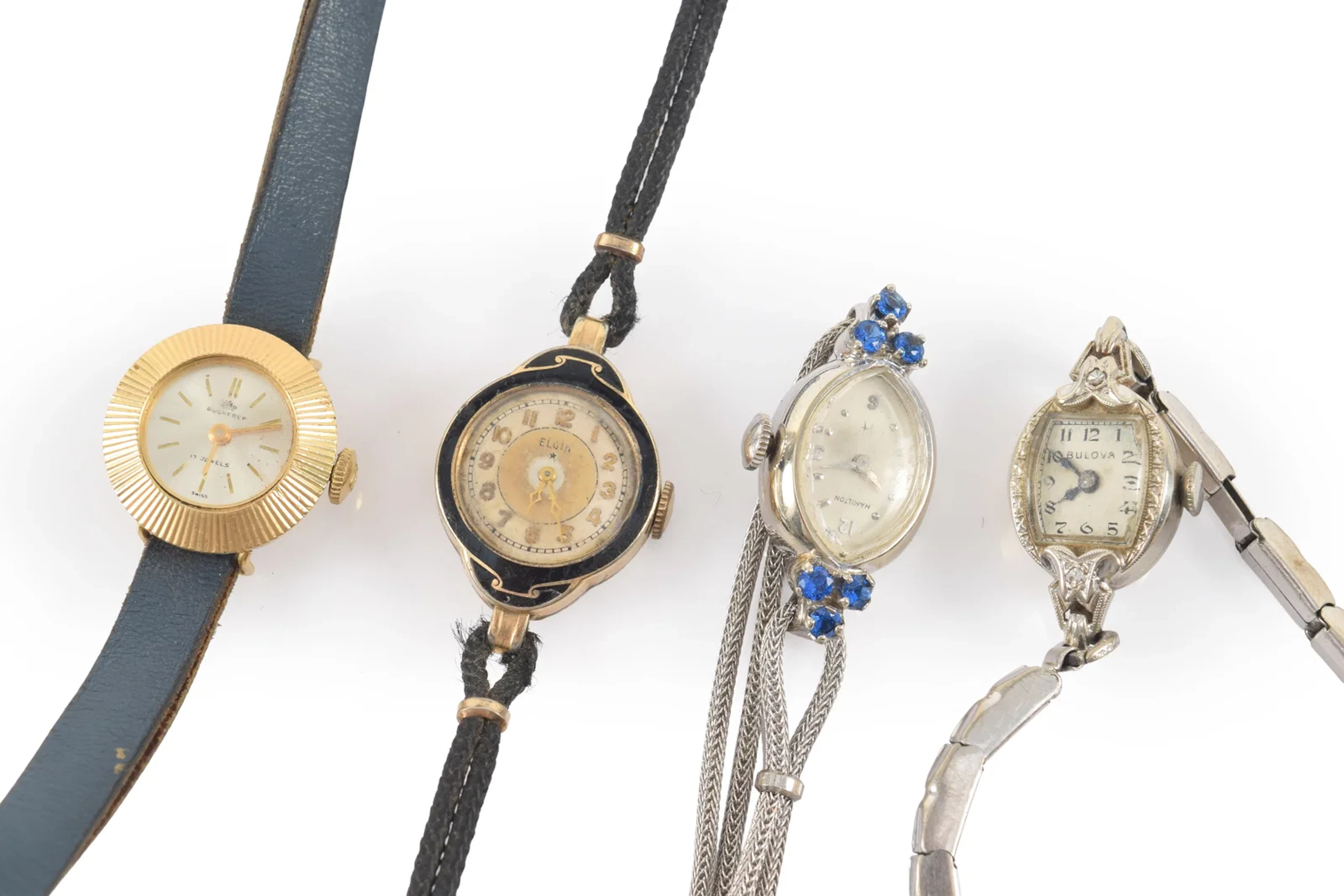 4 vintage ladies' wristwatches, 2 with 14K white gold cases.