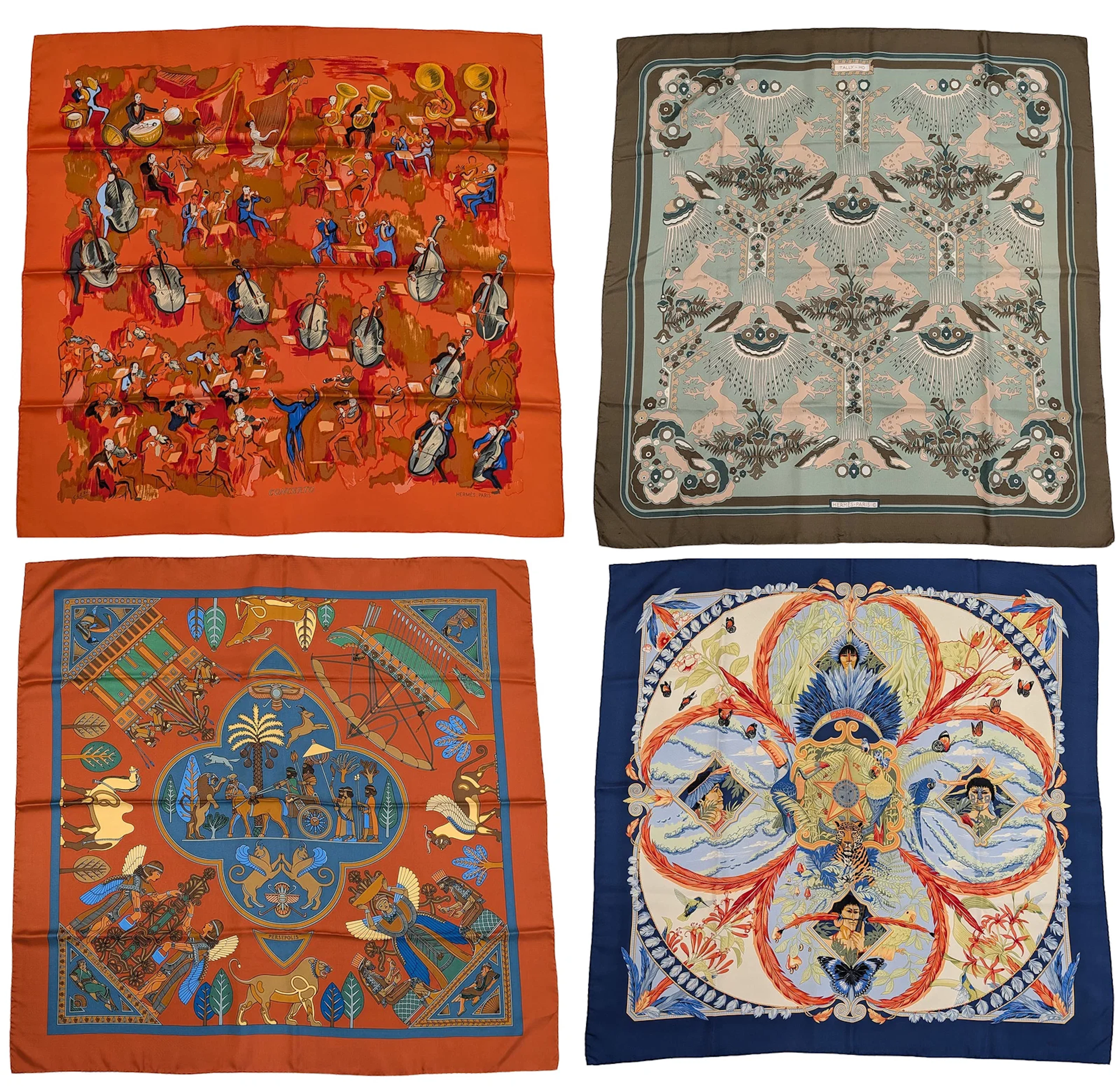 4 Hermes silk scarves. Concerto, Persepolis, Tally-Ho (small stain