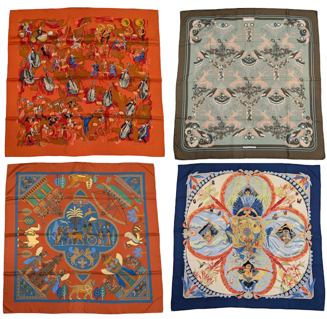 4 Hermes silk scarves. Concerto, Persepolis, Tally-Ho (small stain