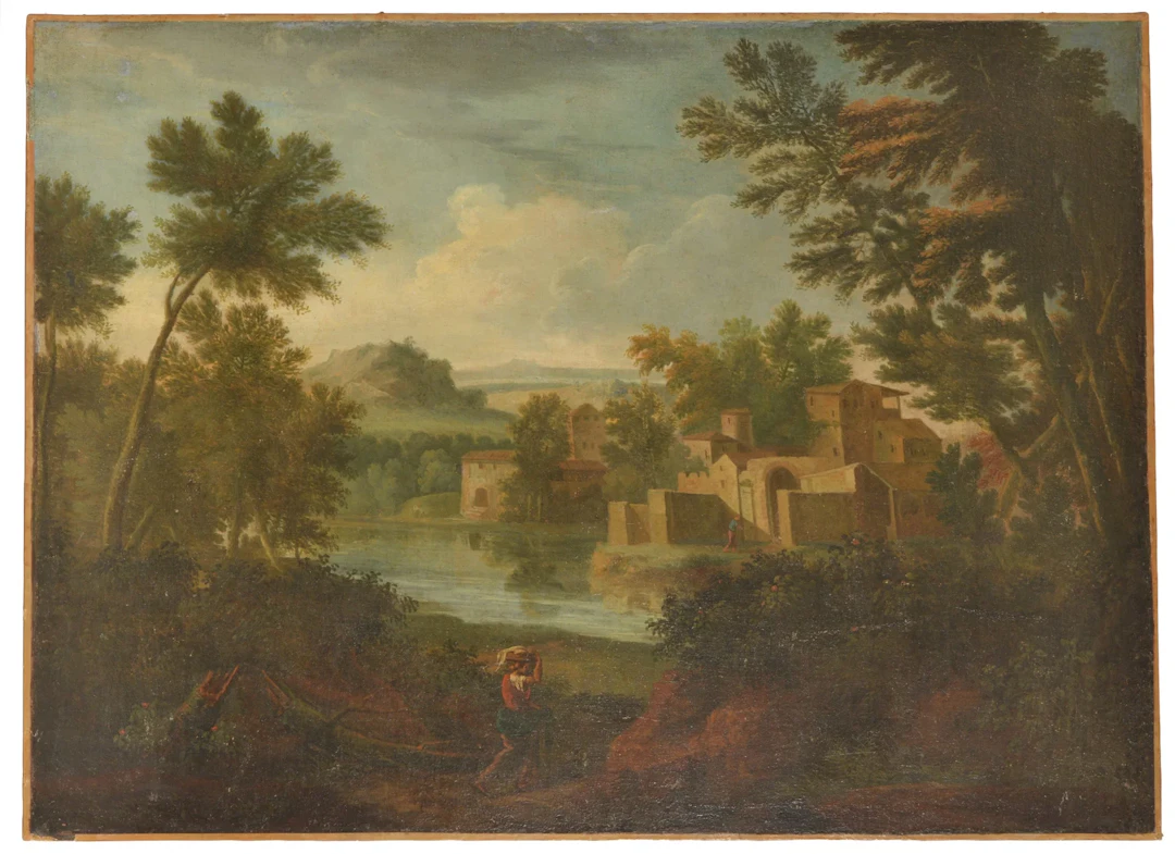 Italian old master river landscape with a Villa and figures on a path