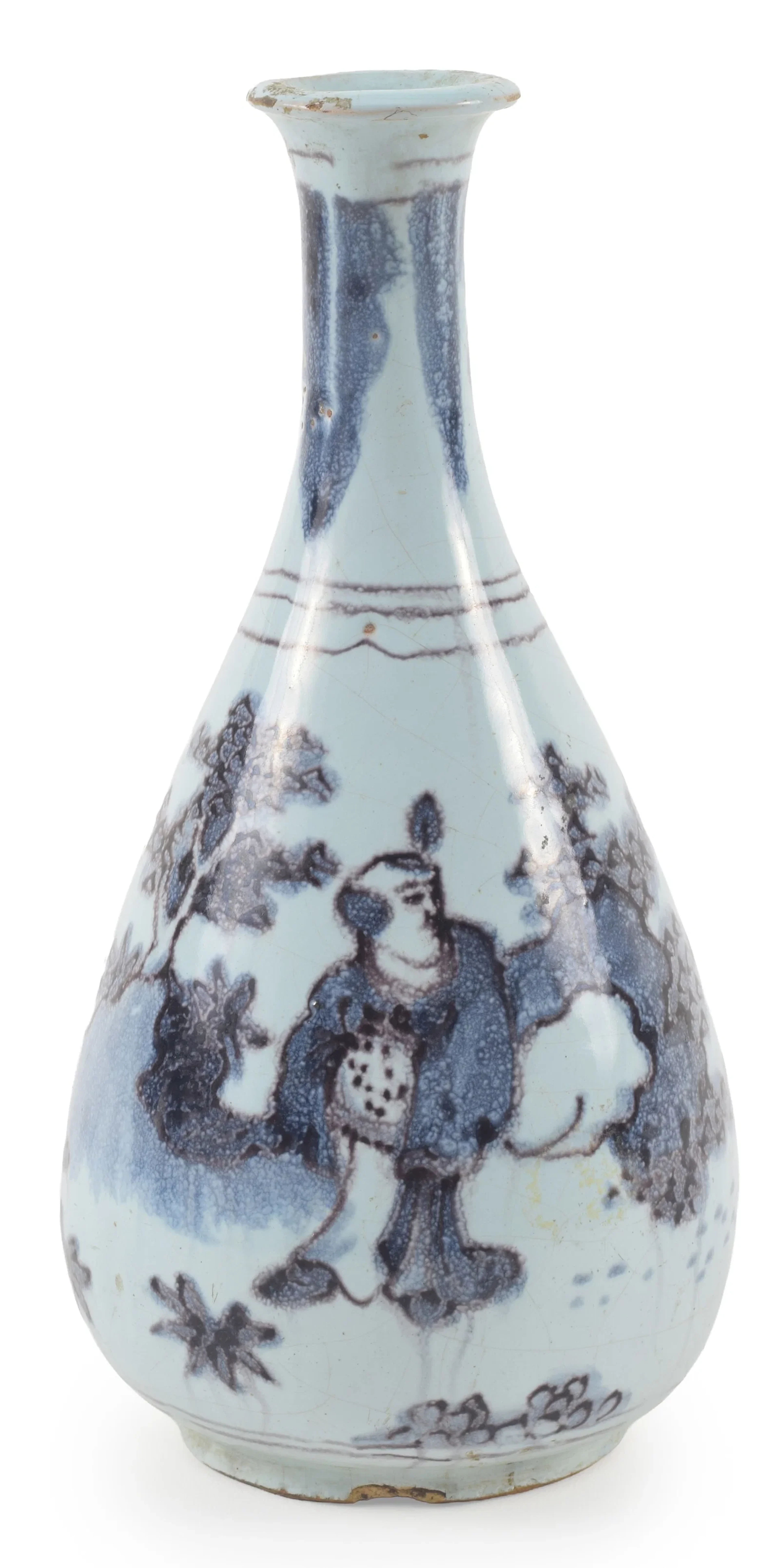 18th Century delft faience tin glazed bottle with landscape decoration