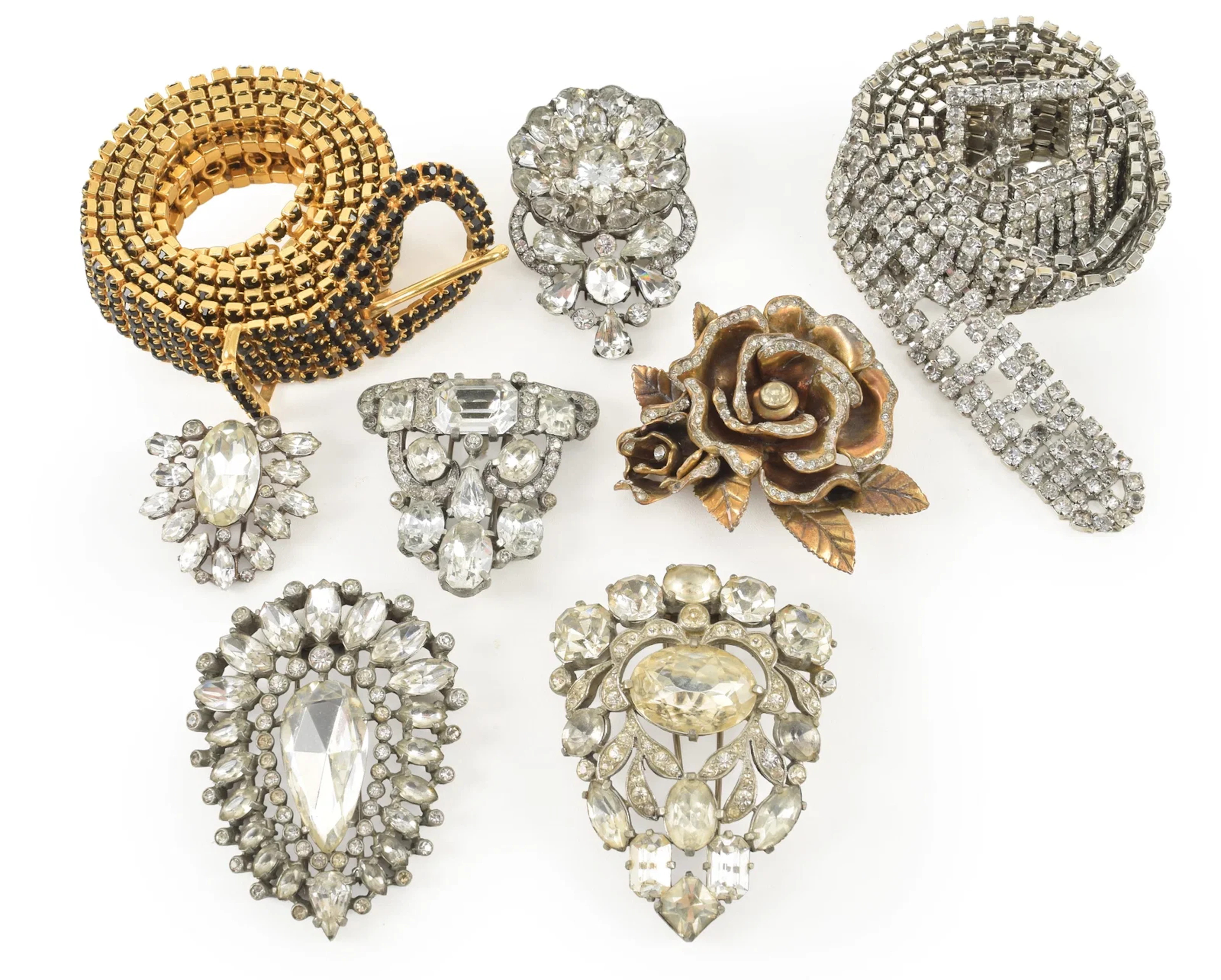Lot of vintage rhinestone jewelry. To include: 6 fur pins (5 by Eisenberg)