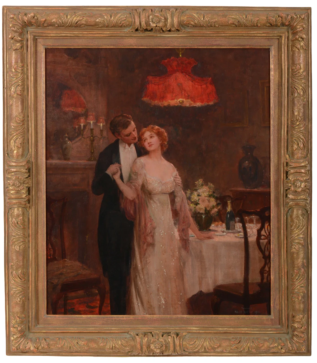 Albert Herter. 1906. Fine interior genre scene with an amorous couple