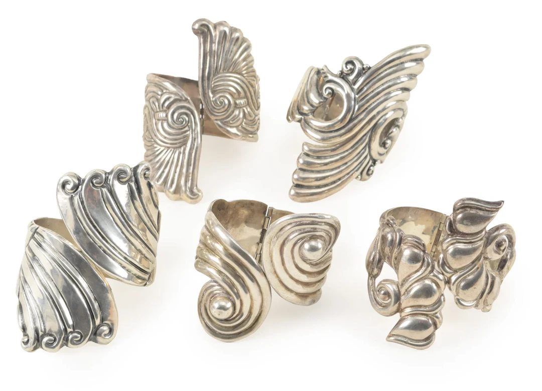5 Mexican sterling silver ornate cuff bracelets. To include 4 Taxco.