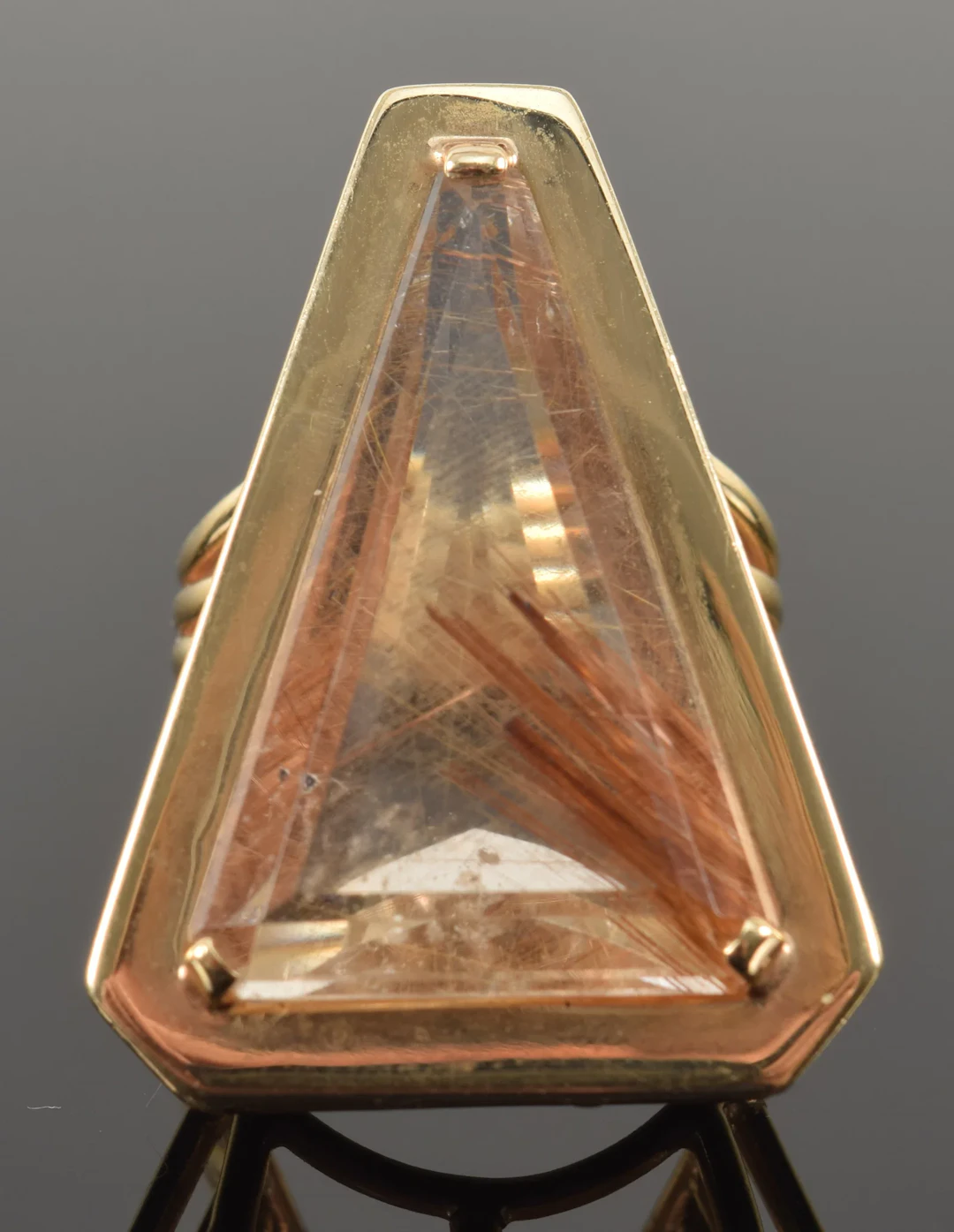 14K gold custom rutilated quartz mounted ring. Large triangular faceted