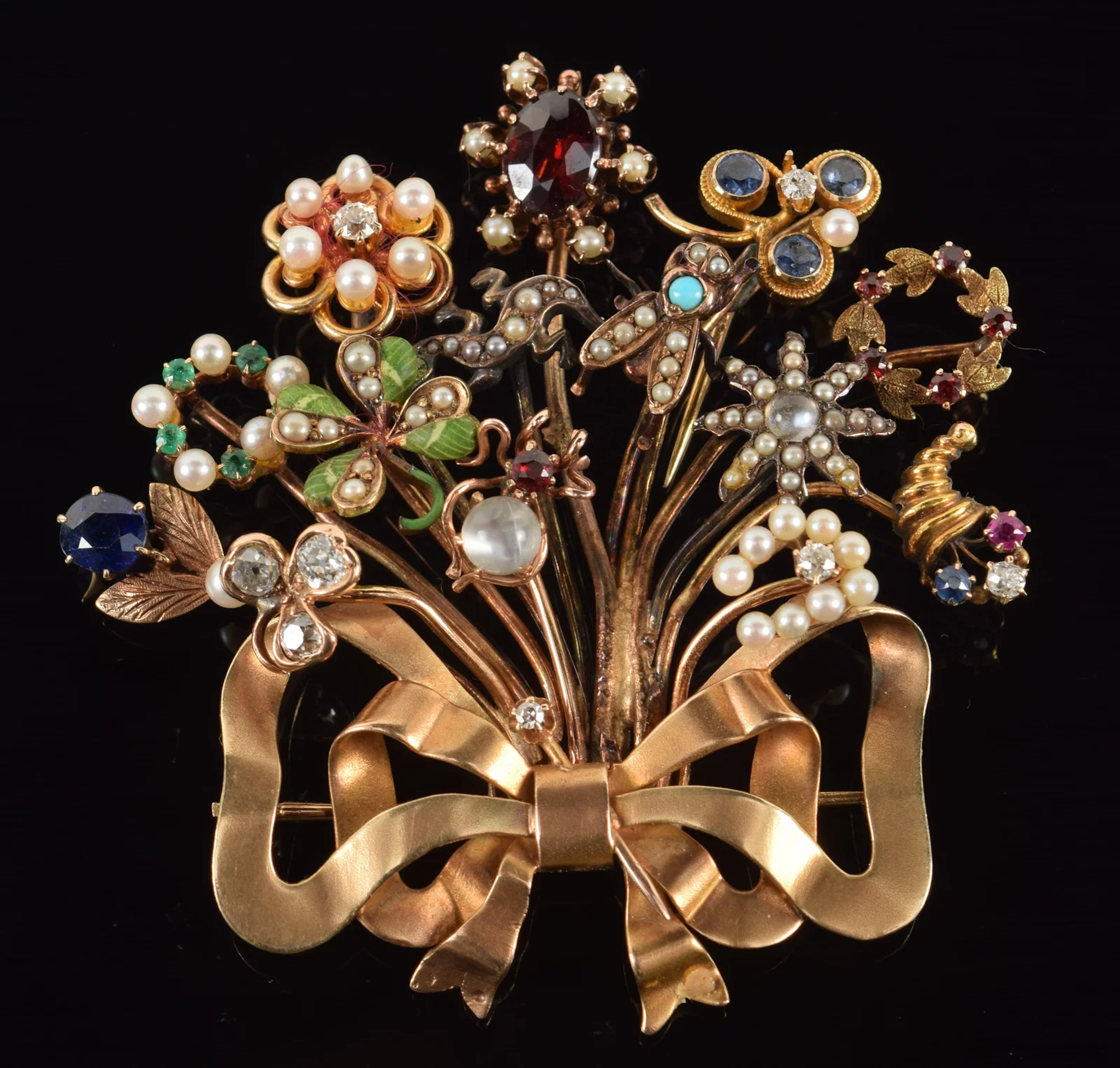 14K gold stick pin bouquet brooch. Assembled collection of 14 gold