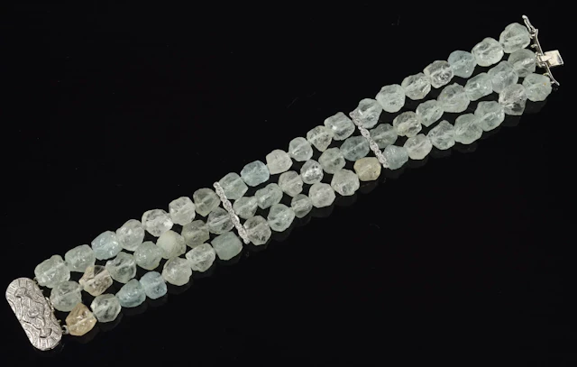 14K white gold rough cut aquamarine and diamond bracelet. 3 strands