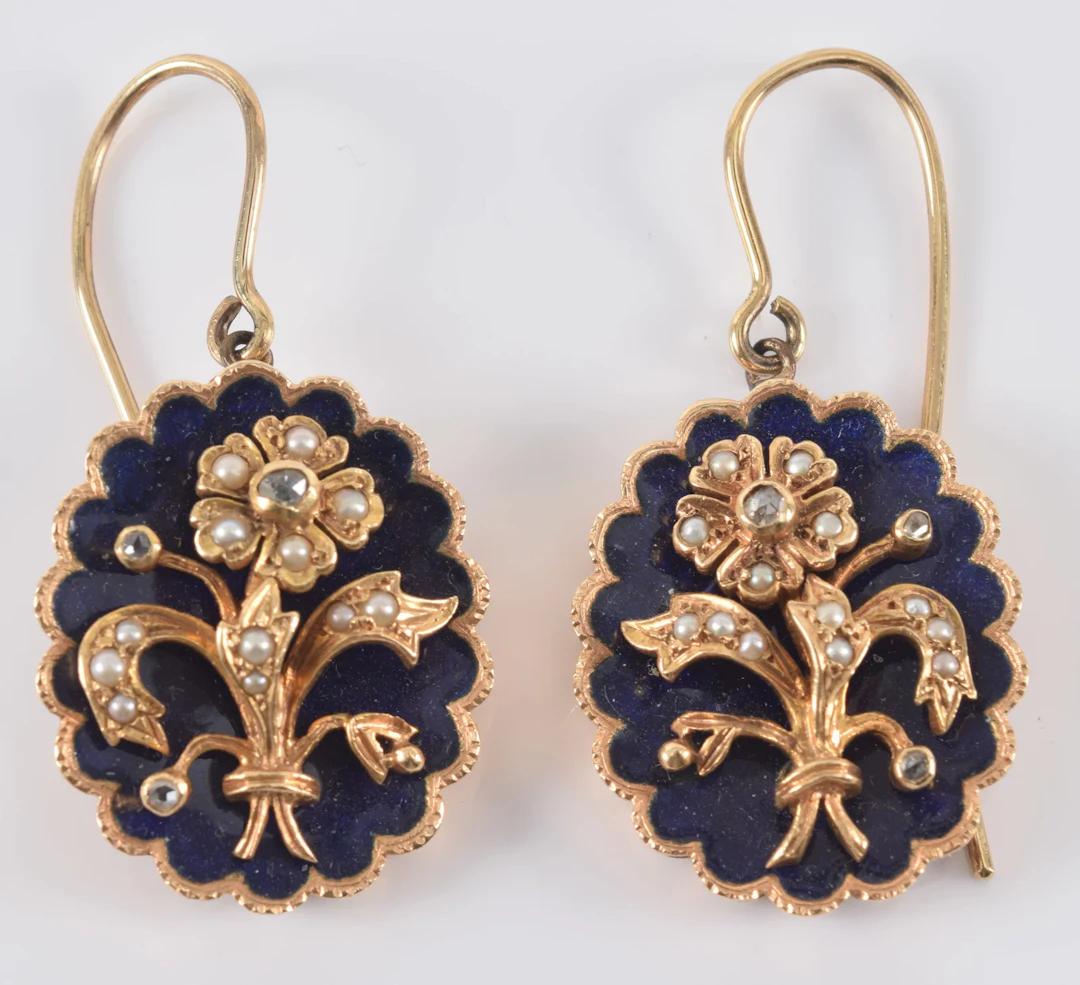 Antique gold diamond and pearl floral drop earrings. Old mine cut