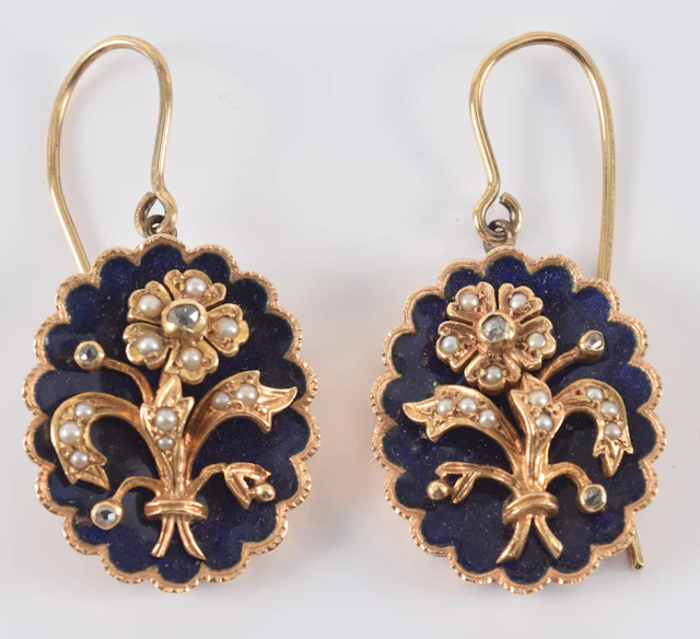 Antique gold diamond and pearl floral drop earrings. Old mine cut