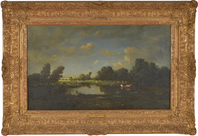 Theodore Rousseau, 1812-1867. Barbizon landscape with cows at pond
