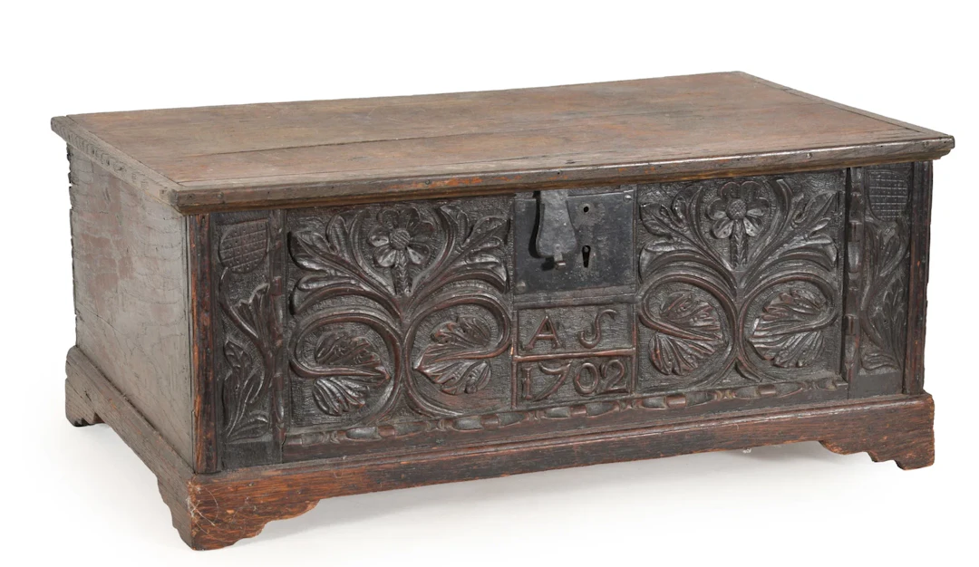 English oak bible box with floral carved front with initials "AS"