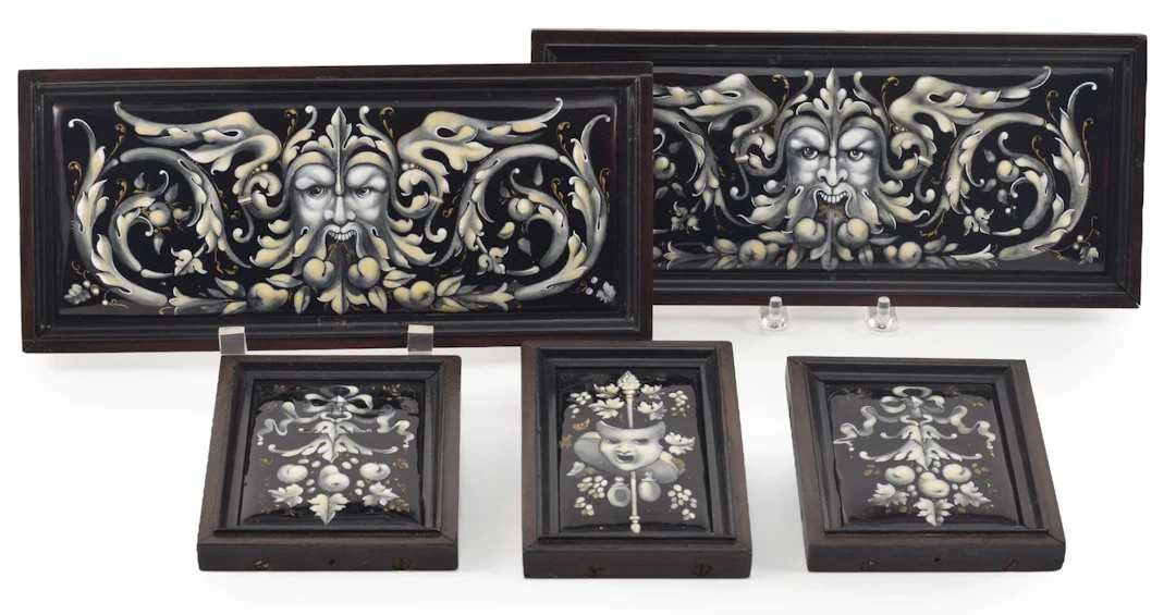 5 Limoges grisaille enamel and gilt decorated plaques, 19th century.
