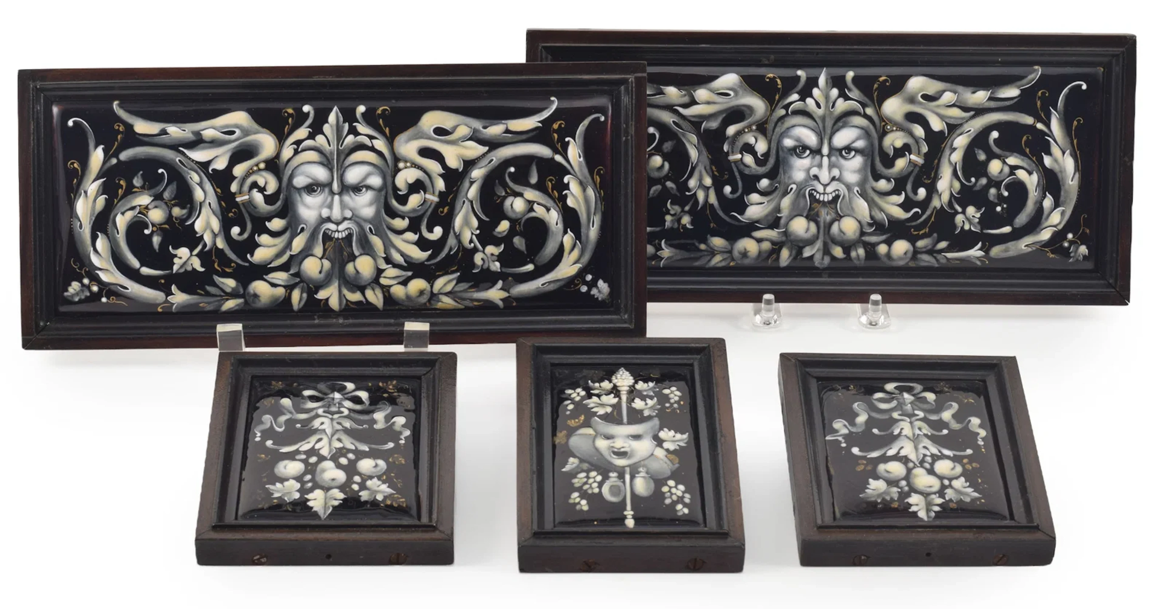 5 Limoges grisaille enamel and gilt decorated plaques, 19th century.