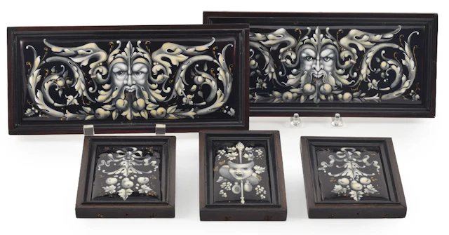 5 Limoges grisaille enamel and gilt decorated plaques, 19th century.