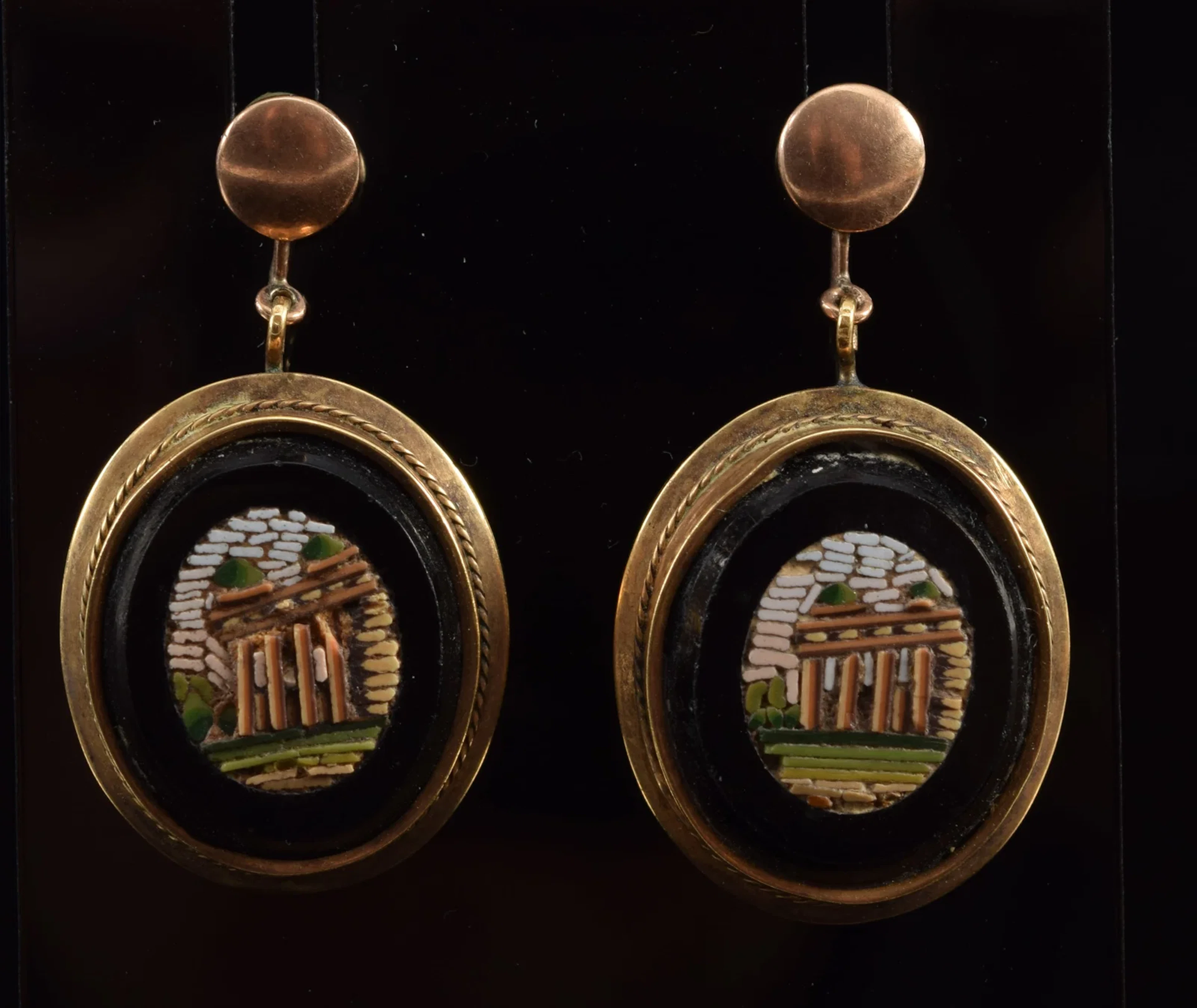 Antique 10K gold micro mosaic earrings. Each with a classical ruins