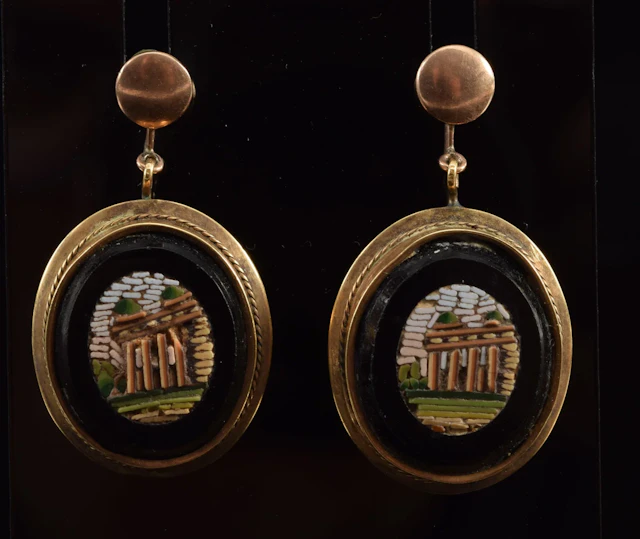 Antique 10K gold micro mosaic earrings. Each with a classical ruins