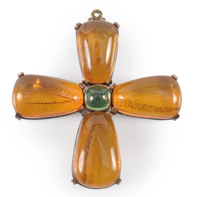 Large antique silver and gold cross pendant set with amber and central