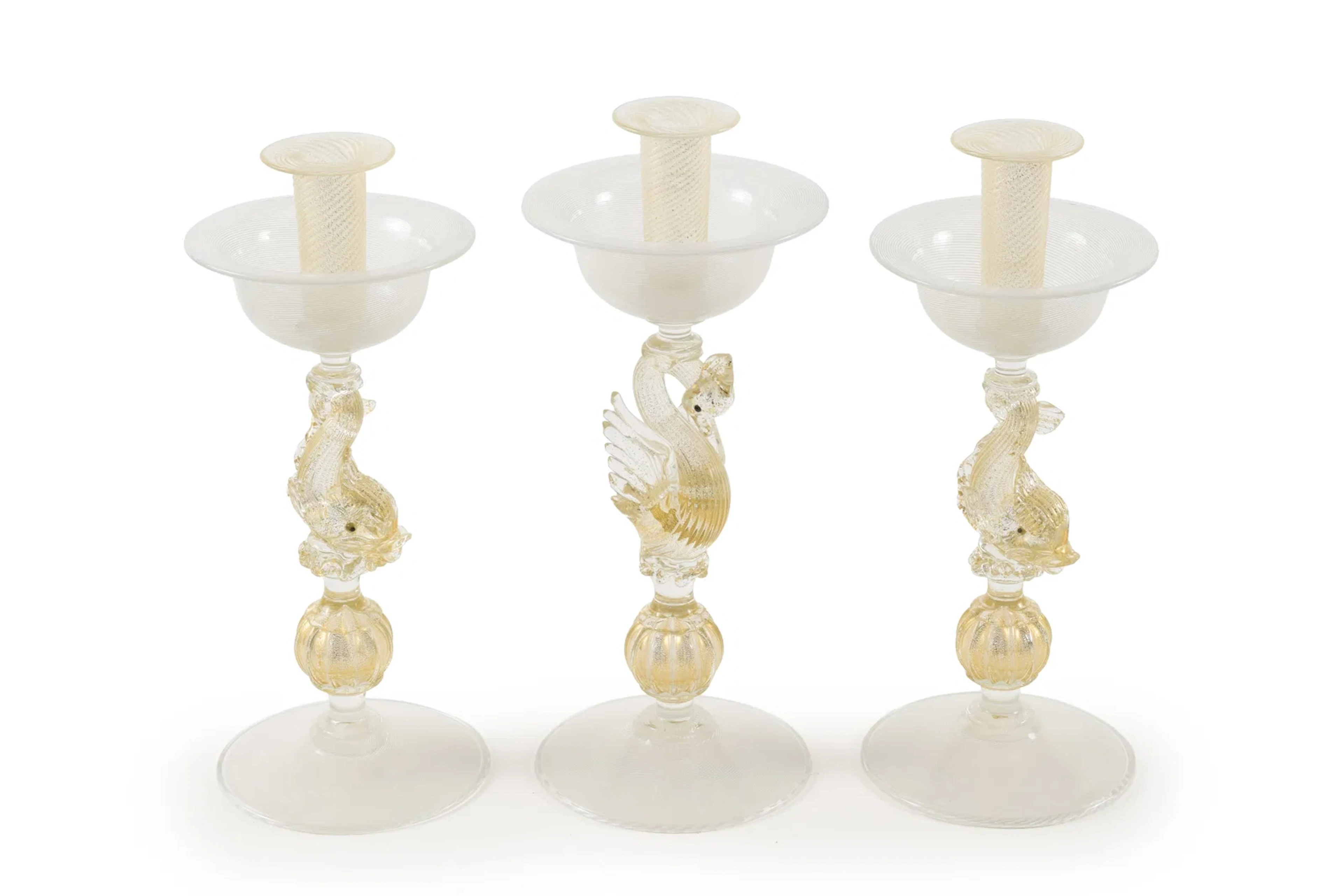 3 Murano glass gold fleck figural candlesticks. 2 with dolphins, 1