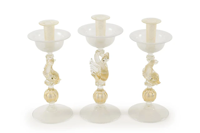 3 Murano glass gold fleck figural candlesticks. 2 with dolphins, 1