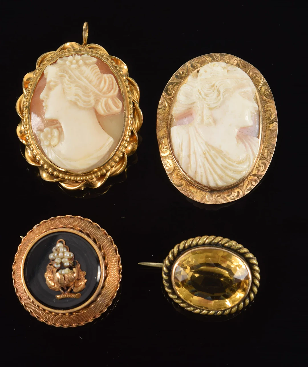 4 pieces of antique jewelry. To include: 1) 10K gold cameo pin. Marked