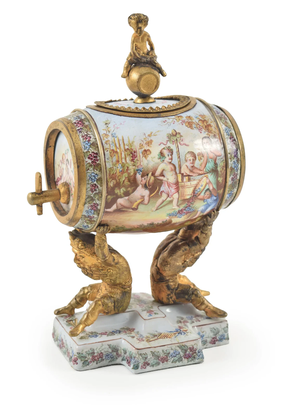 19th century Viennese fine enamel wine cask on stand with cherubic