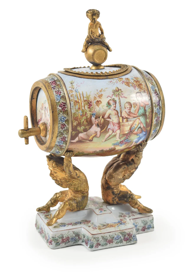 19th century Viennese fine enamel wine cask on stand with cherubic