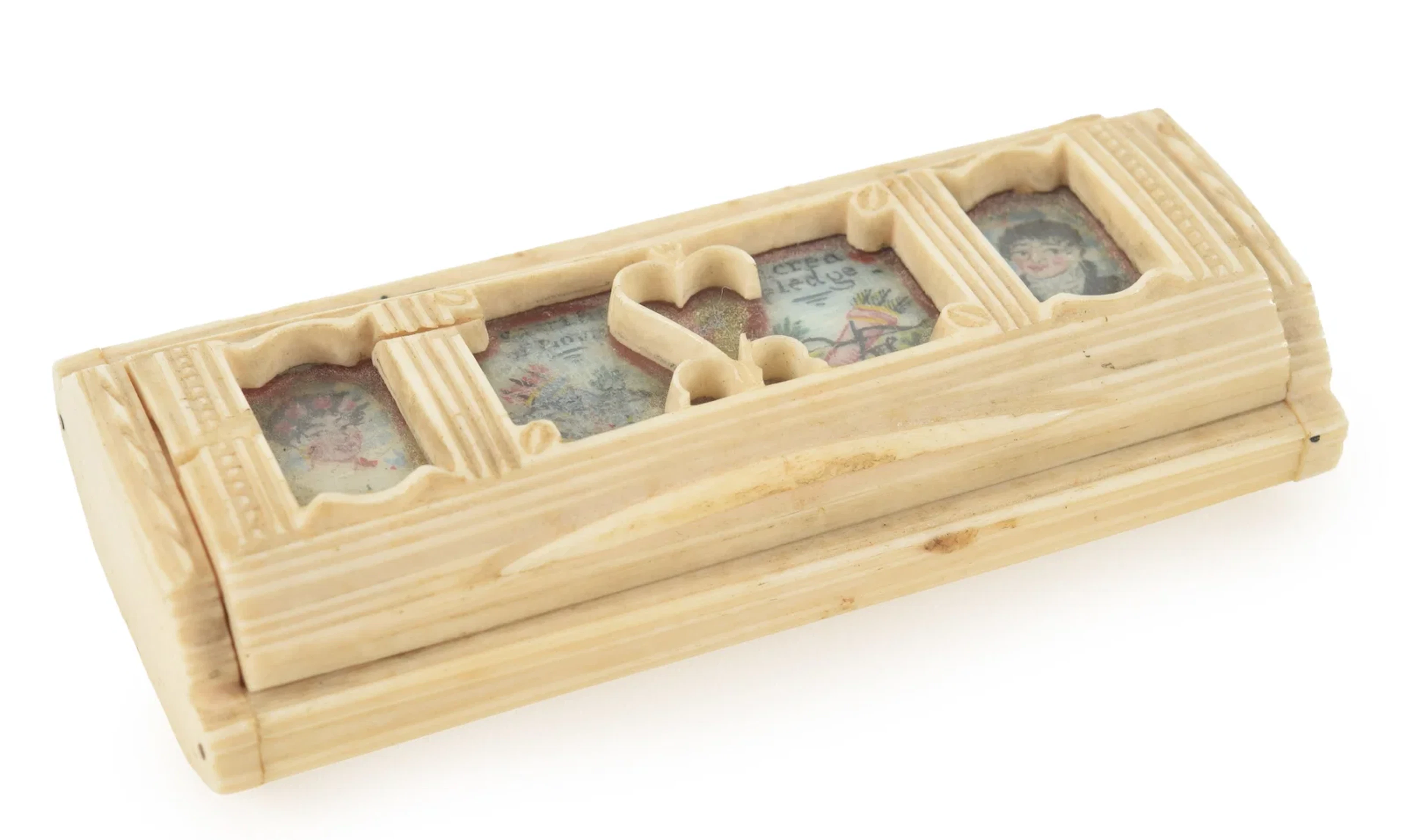 19th Century Sailor made carved bone trinket box with painted panels