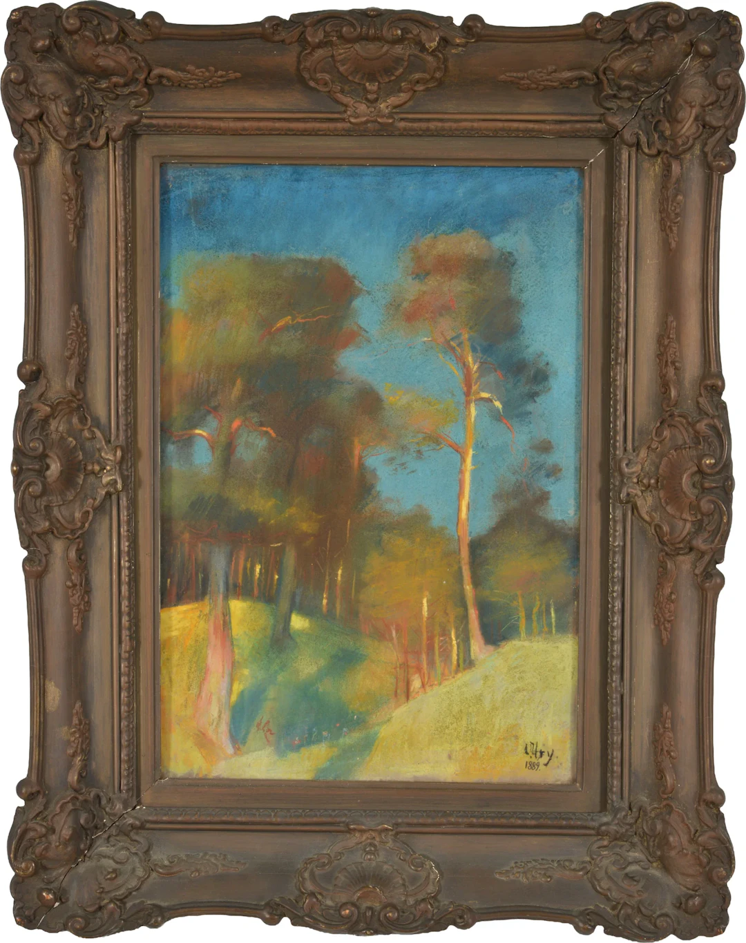 Lesser Ury. German. 1889. Woodland path. Pastel on board. Signed and