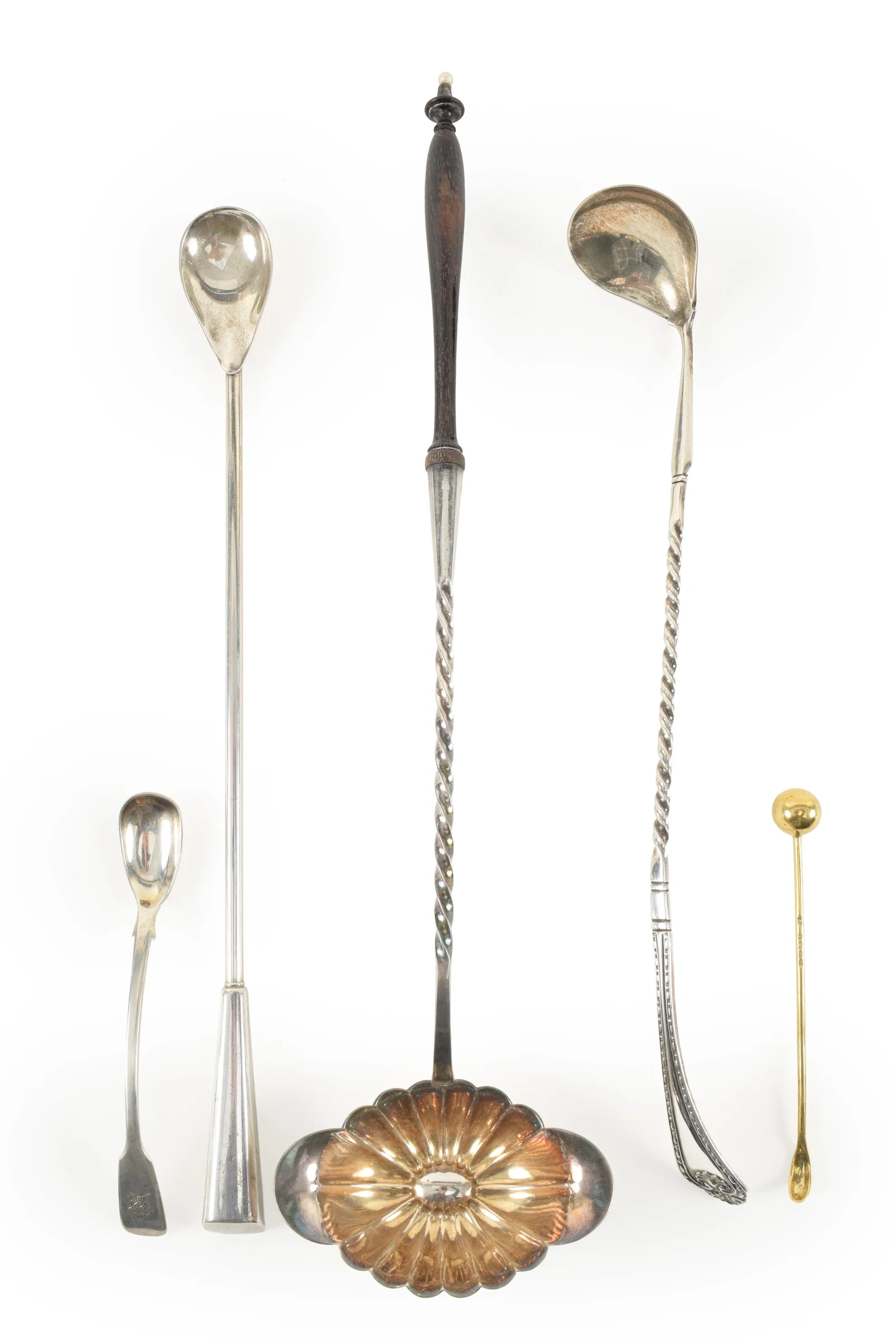 Collection of 5 Silver ladles, including a long wood handled ladle
