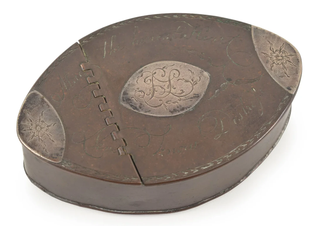 Silver mounted copper oblong ditty box or snuff box engraved on back