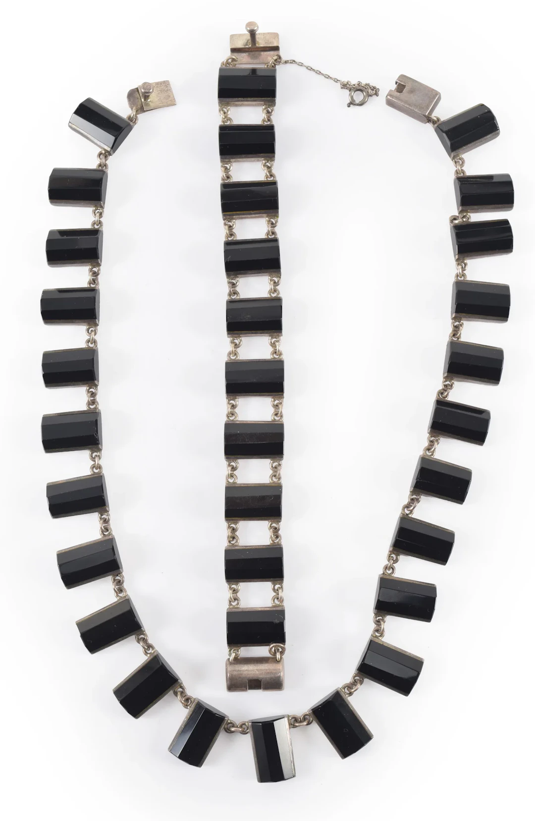 J Gomes Mexican sterling silver modernist jewelry. Faceted onyx set