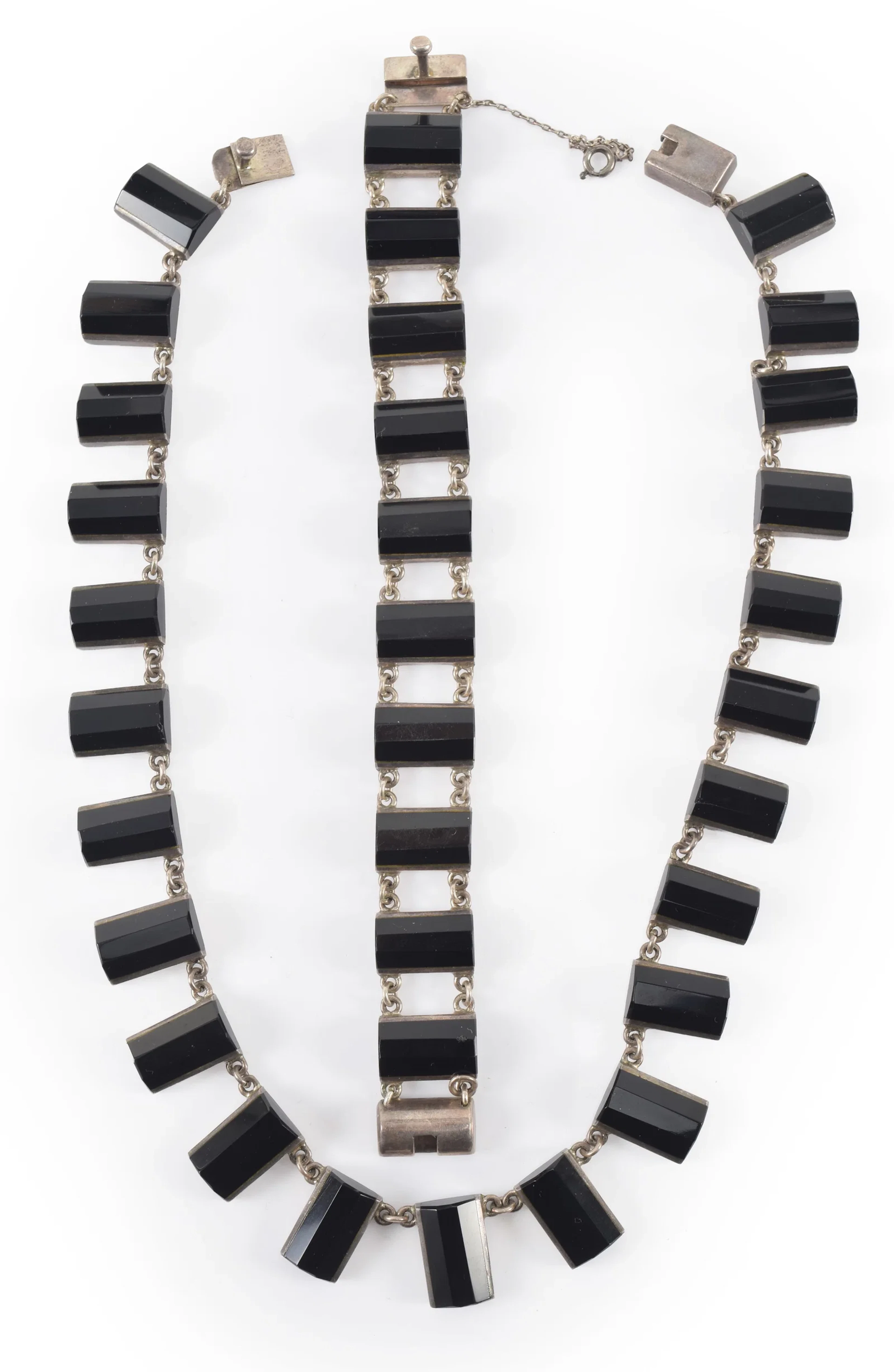 J Gomes Mexican sterling silver modernist jewelry. Faceted onyx set