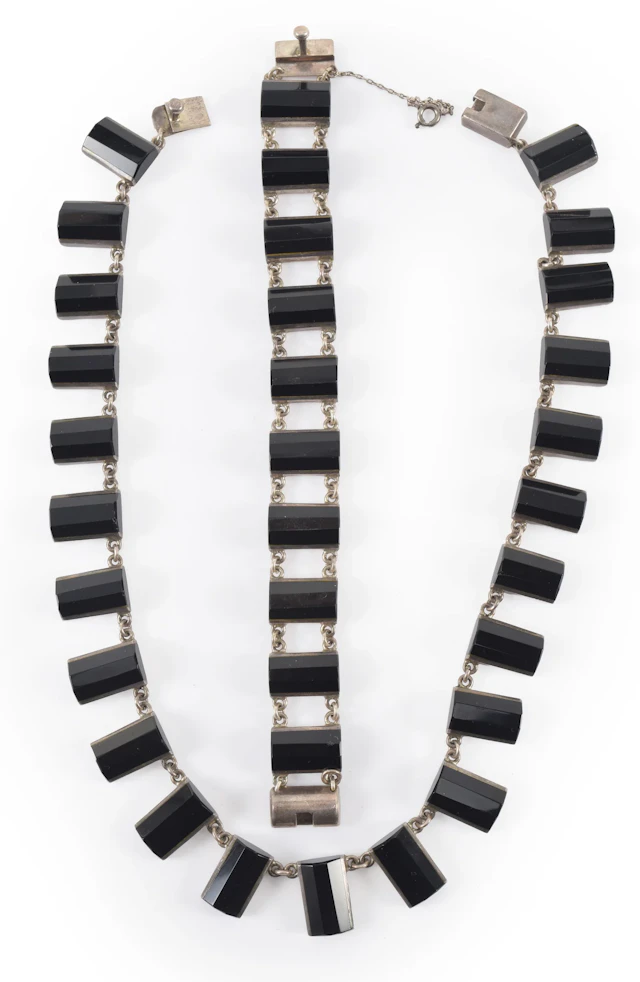 J Gomes Mexican sterling silver modernist jewelry. Faceted onyx set