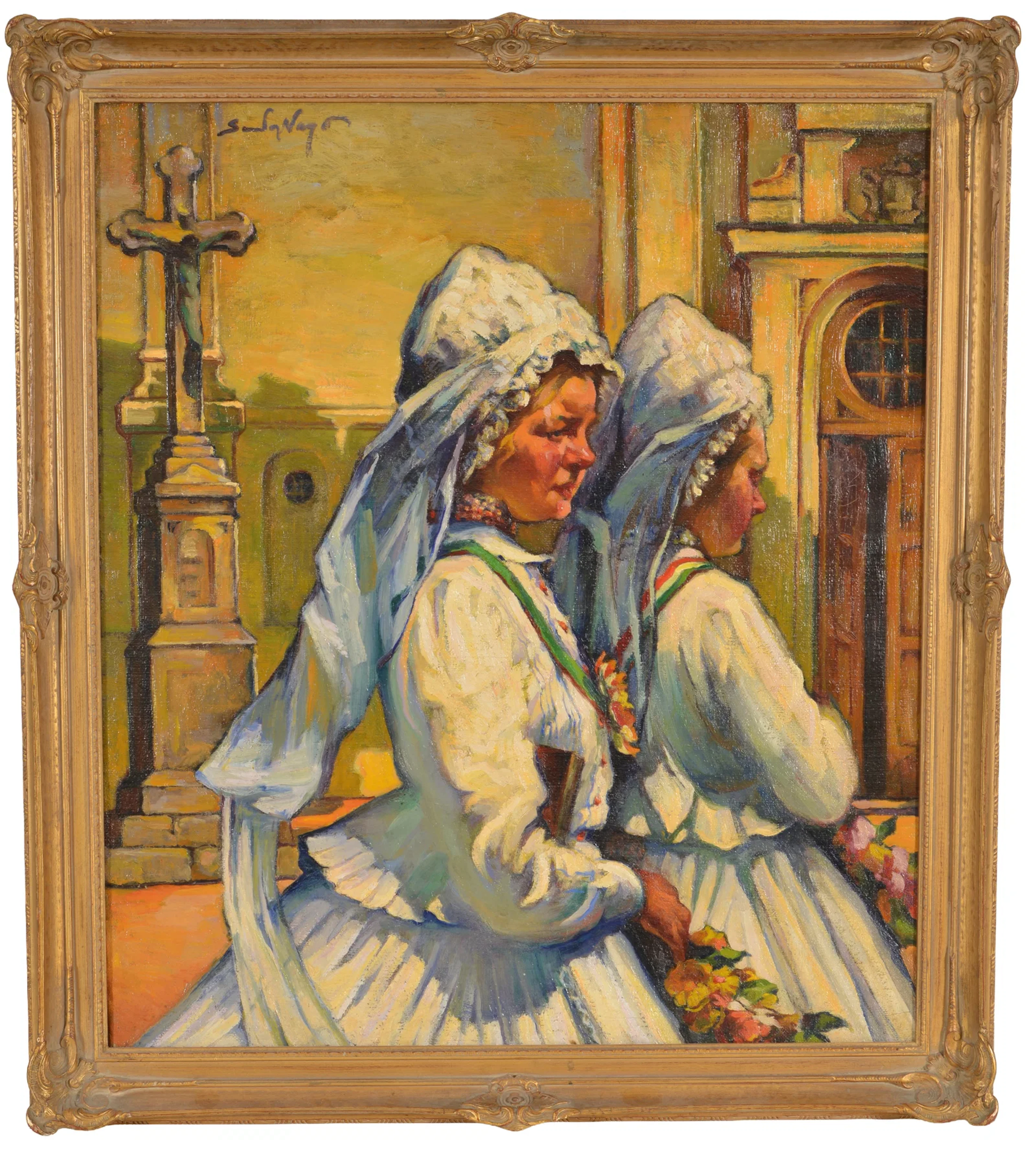 Sandor Vago. The First Communion. Two girls in white dresses and bonnets.